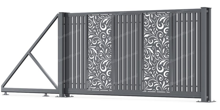 Відкатні ворота з євроштахетника з вставкою